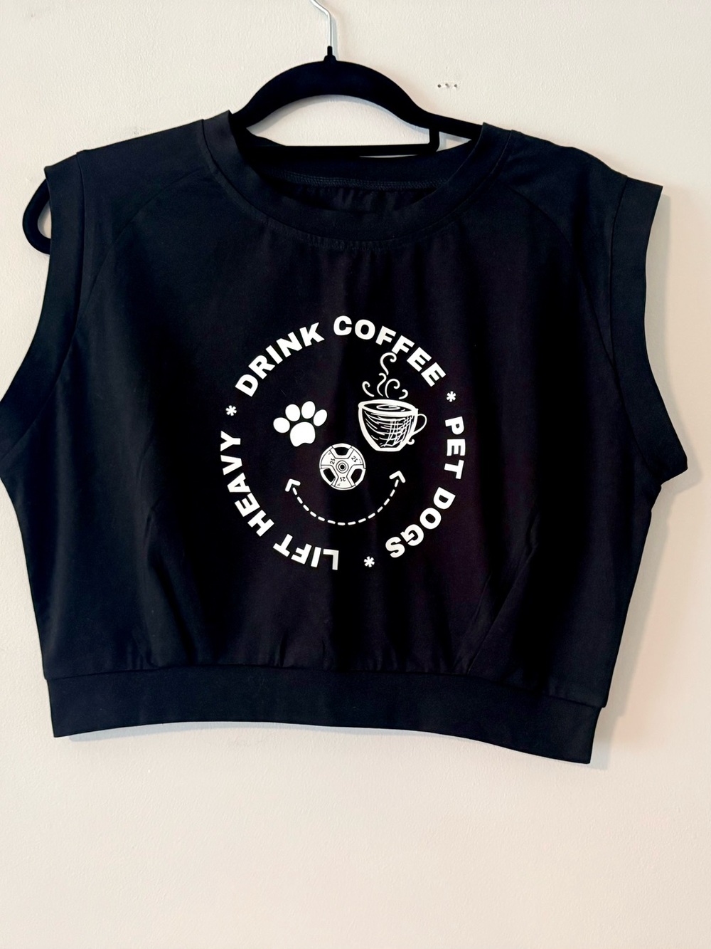Women’s Black Graphic Crop Top - Drink Coffee Pet Dogs Lift Heavy. NEW. Size L